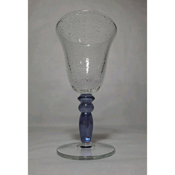 Vintage Pottery Barn Handblown Wine Glass Goblets Bubble Effect Purple Blue Stem - Picture 9 of 10